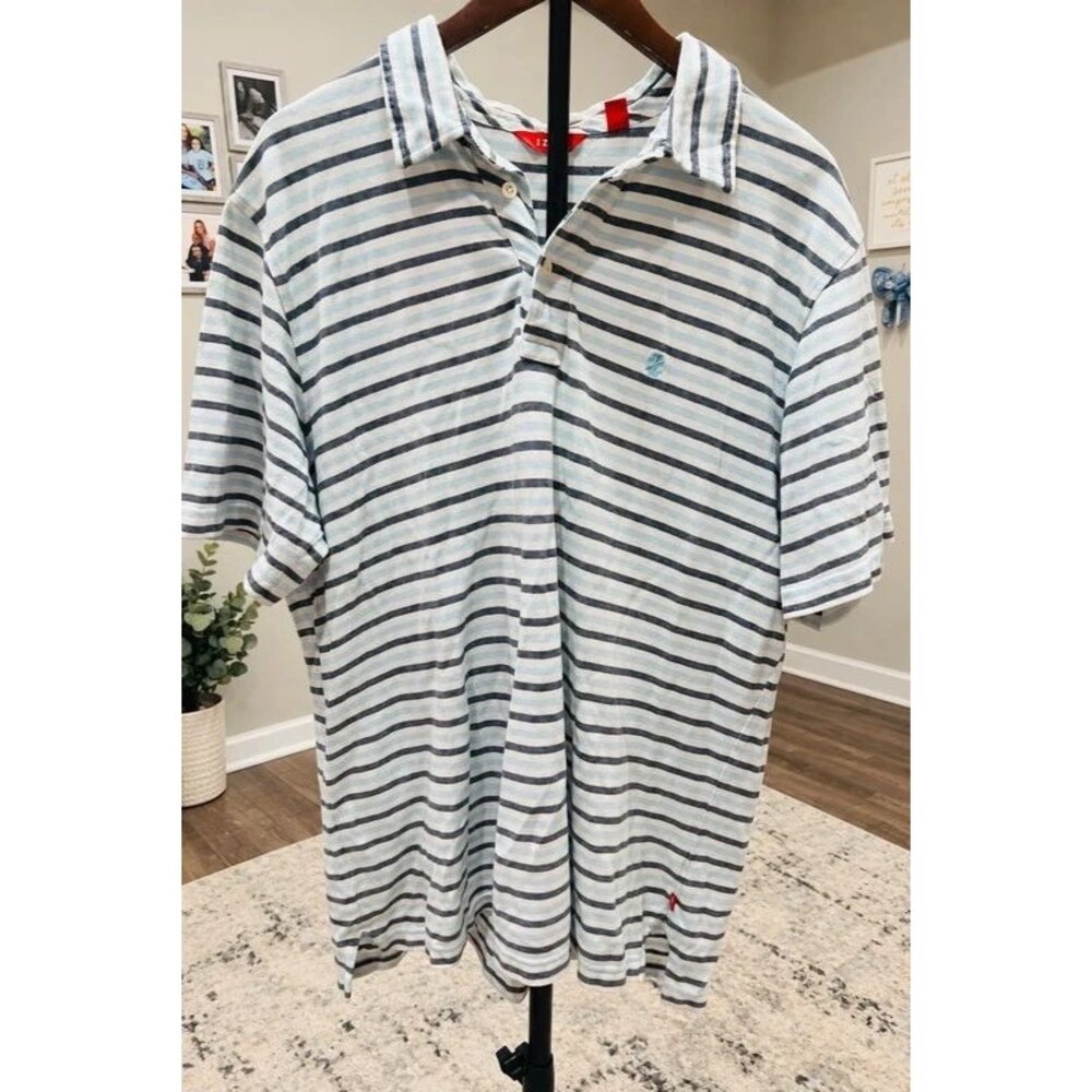 Izod Men’s Striped Polo Shirt XL Blue White Short Sleeve